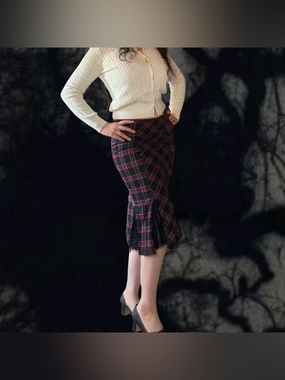 BEBE Plaid Midi Skirt in Black and Red and lace details